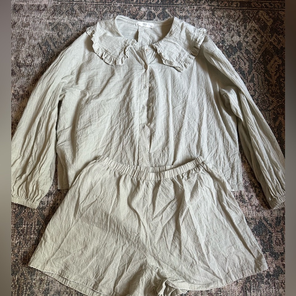 Light Gray Button-Up Top and Shorts Set
